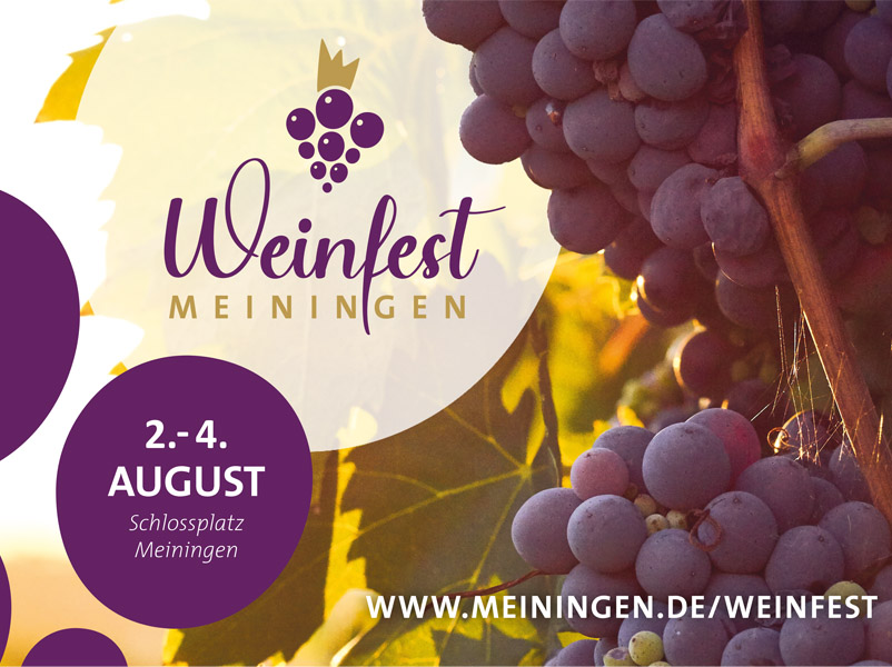 Weinrebe mit Schrift Meininger Weinfest 2. - 4. August 2024